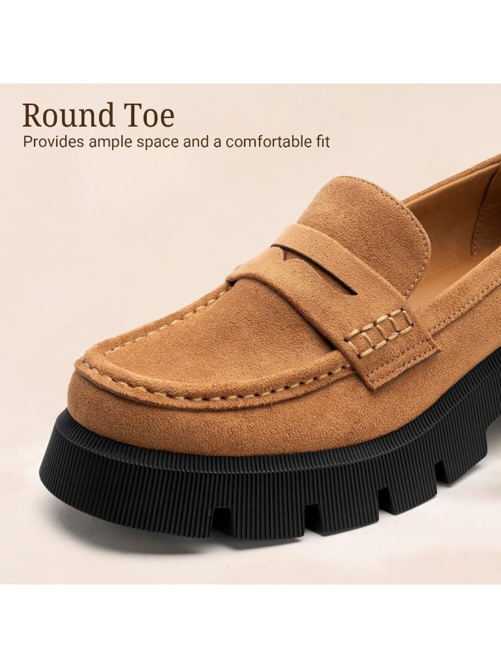 Women's Tan Fitory Suede Chunky Platform Penny Loafers Lug Sole Slip On Flat Sho - Picture 4 of 6